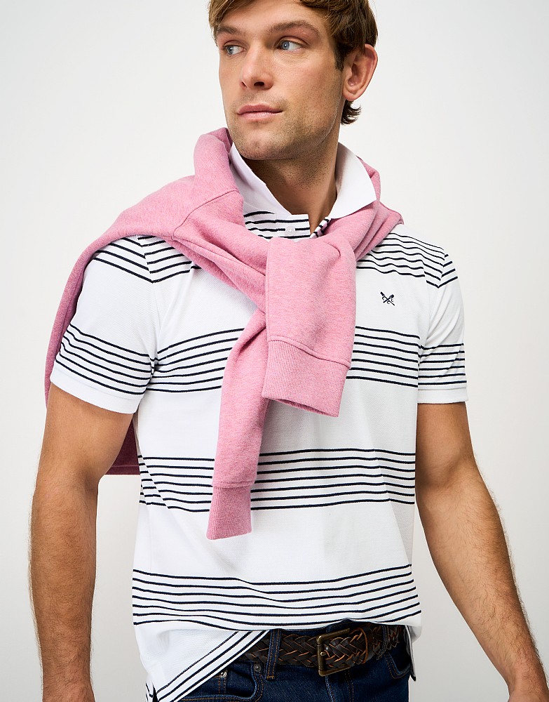 Striped Cotton Rugby Polo Shirt in White & Dark Navy