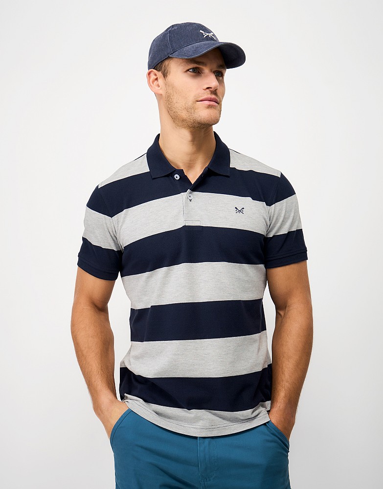Heritage Stripe Cotton Polo Shirt in Grey Marl and Navy