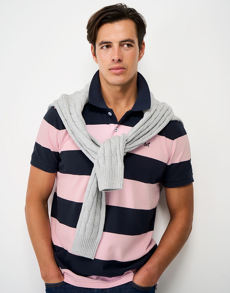 Heritage Stripe Cotton Polo Shirt in Navy and Pink