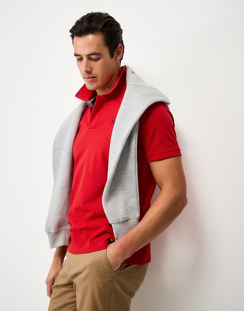 Herringbone Under Placket Cotton Pique Polo Shirt in Red