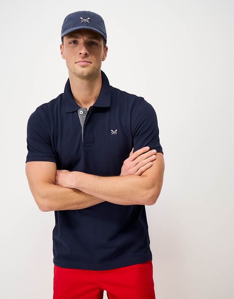 Herringbone Under Placket Cotton Pique Polo Shirt in Navy