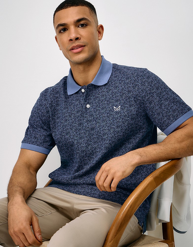 Leaf Print Polo Shirt in Dark Blue
