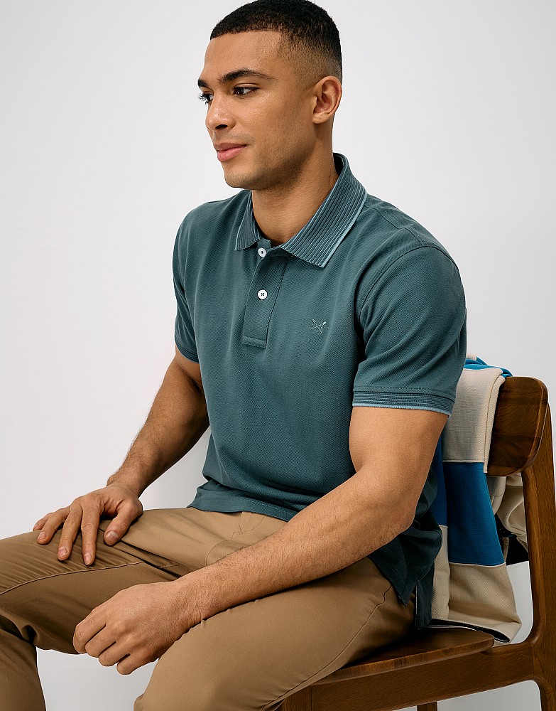 Stripe Ottoman Rib Collar Polo Shirt in Teal Green