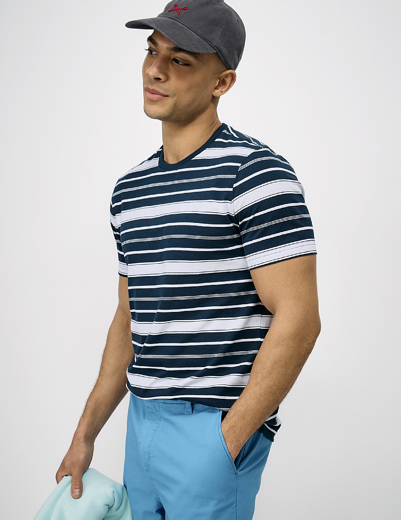 Yarn-Dyed Stripe Cotton T-Shirt in Navy and White