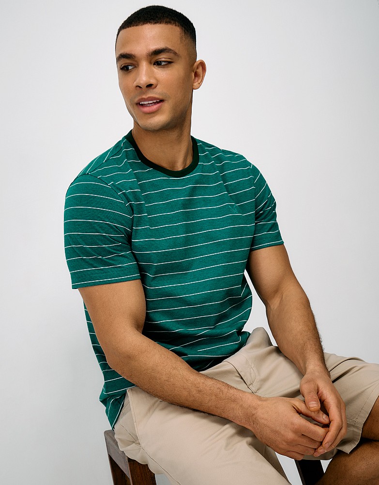Zig-Zag Jacquard Stitch Stripe Tee Bottle Green and White