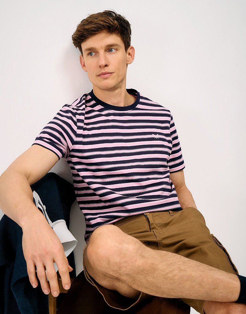 Birdseye Jacquard Cotton T-Shirt in Navy and Pink Stripe