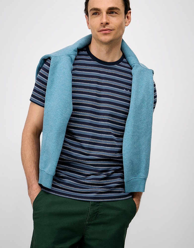 Birdseye Jacquard Cotton T-Shirt in Navy and Blue Stripe
