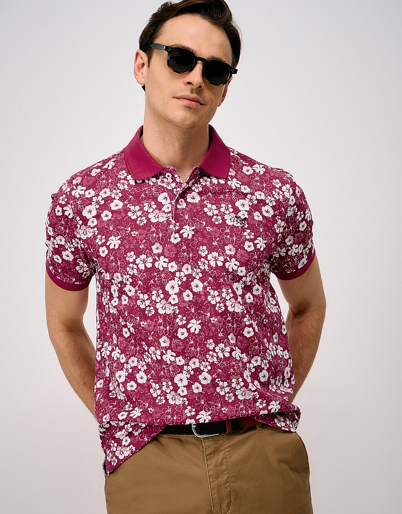 Cotton Hibiscus Print Polo Shirt in Red