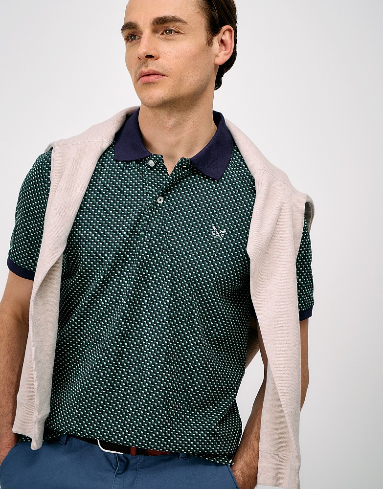Mini Cube Geo Print Cotton Polo Shirt in Green