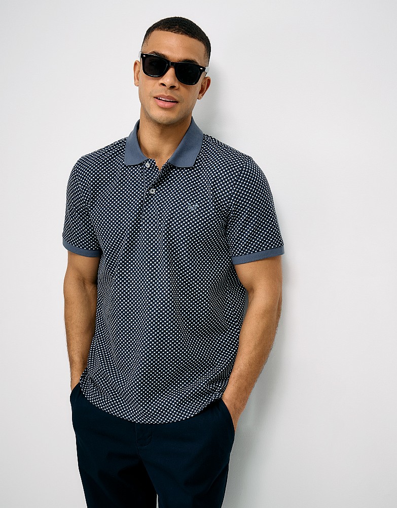 Mini Cube Geo Print Cotton Polo Shirt in Navy