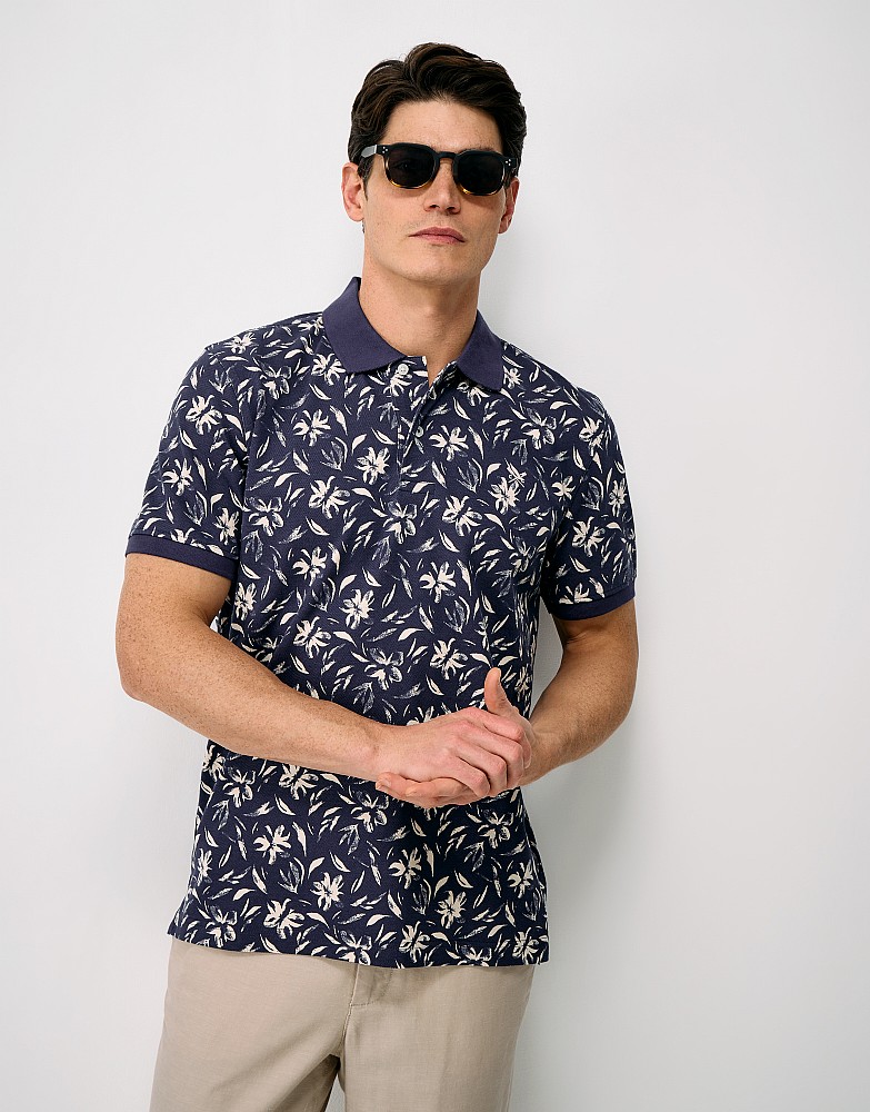 Floral Cotton Polo Shirt in Navy & Ivory
