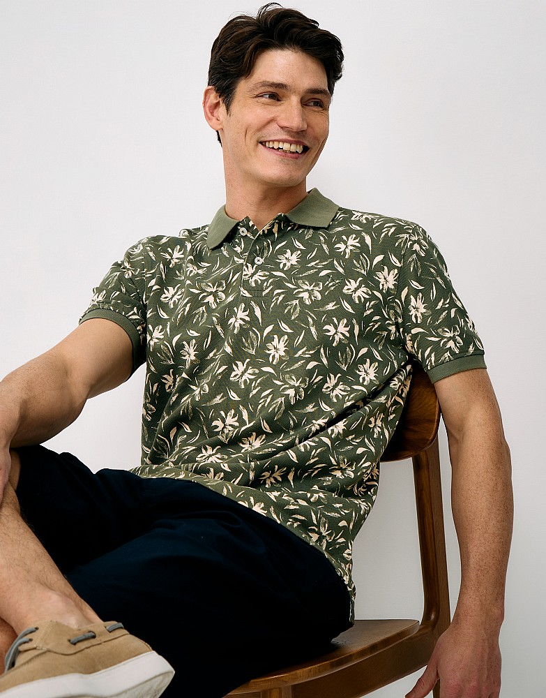 Floral Cotton Polo Shirt in Olive & Ivory