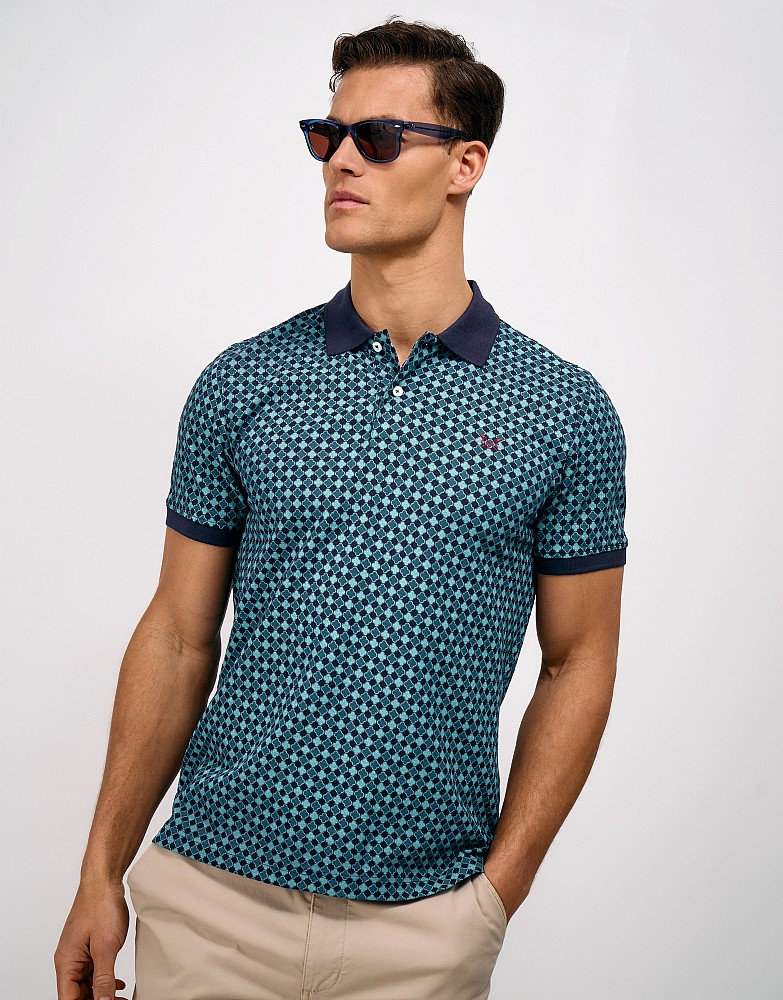 Cotton Geo Tile Print Polo in Blue