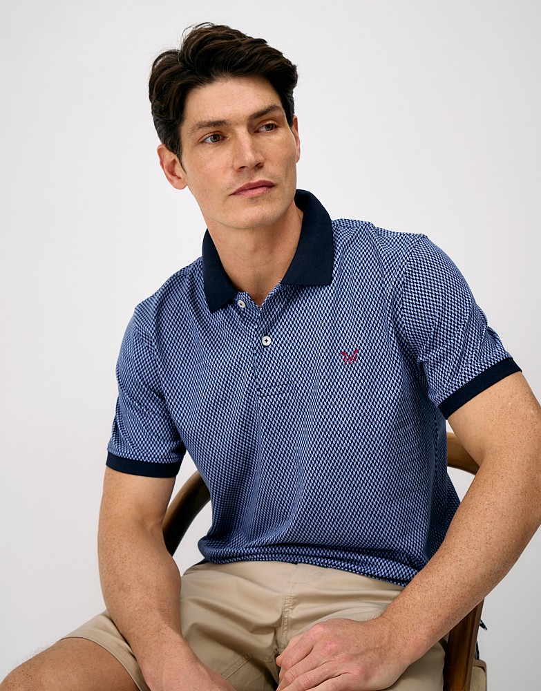Cotton Herringbone Printed Polo in Blue & Navy