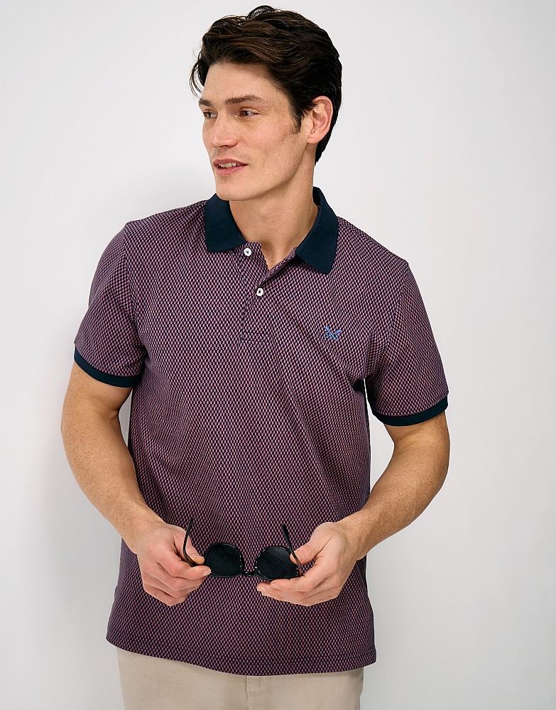 Cotton Herringbone Printed Polo in Navy & Mauve