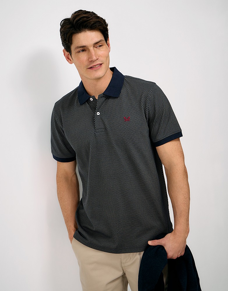 Cotton Herringbone Printed Polo in Olive & Navy