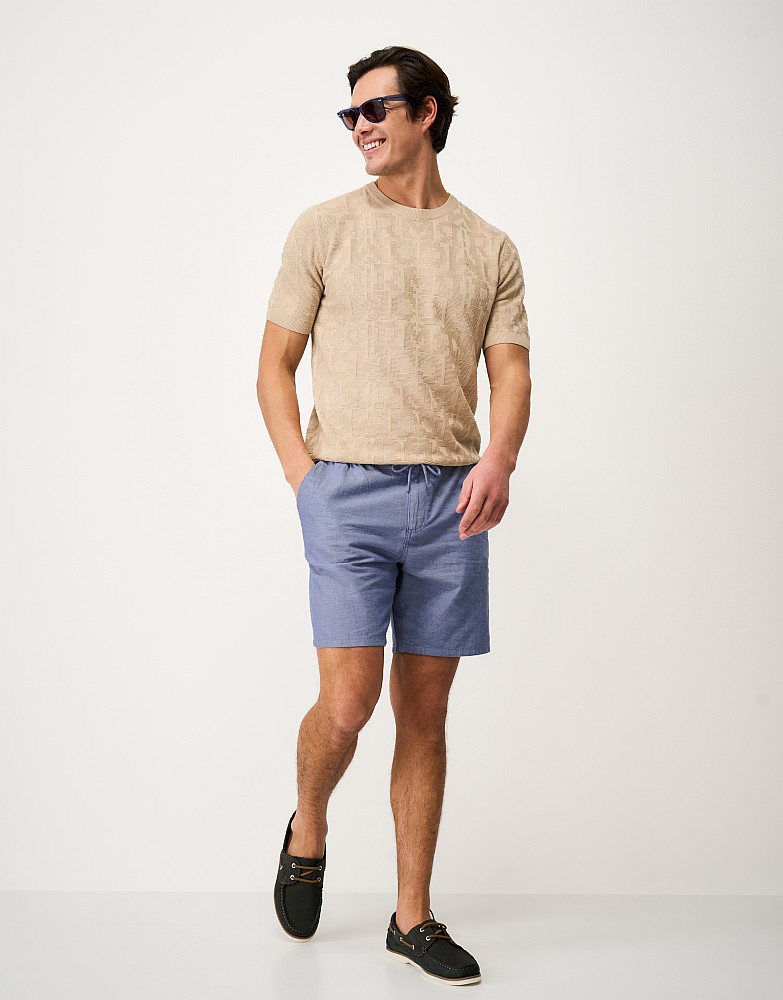 Cotton-Linen Drawstring Shorts in Light Blue