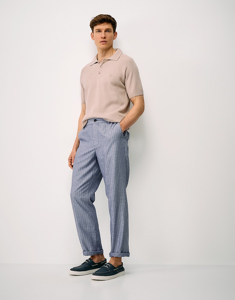 Chalk Stripe Linen Blend Trousers in Navy
