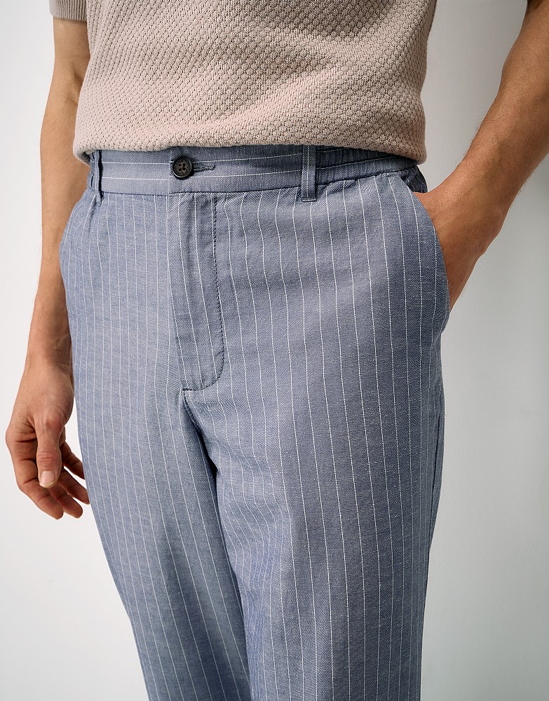 Men's Chalk Stripe Linen Blend Trousers in Dark Navy from Crew