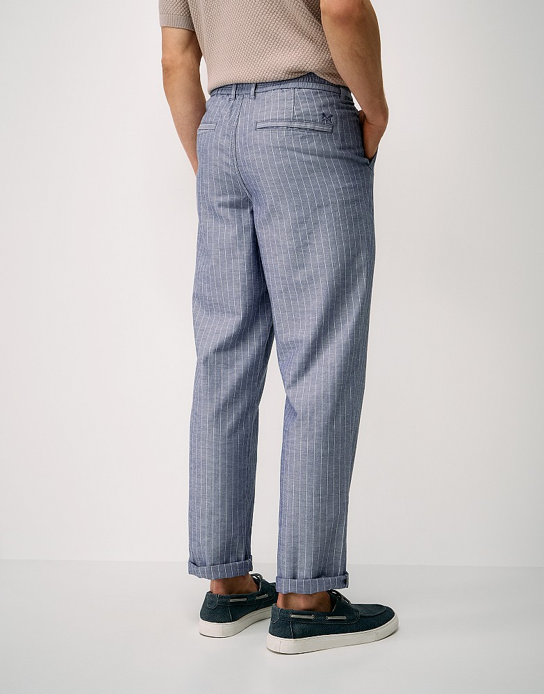 Men's Chalk Stripe Linen Blend Trousers in Dark Navy from Crew