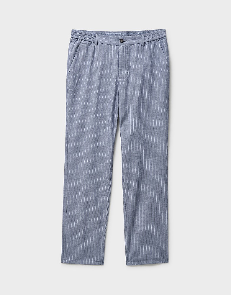 Men's Chalk Stripe Linen Blend Trousers in Dark Navy from Crew
