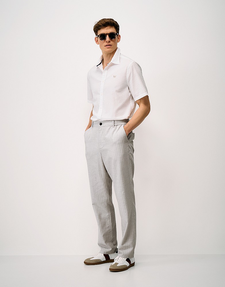 Chalk Stripe Linen Blend Trousers in Stone