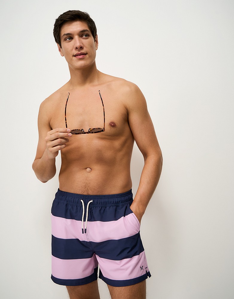 Heritage Stripe Swim Shorts in Navy and Pink