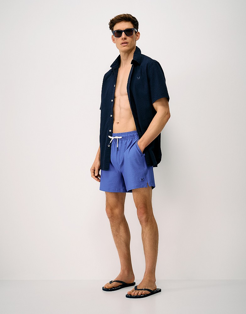 Oxford Stripe Seersucker Swim Shorts in Blue and Navy