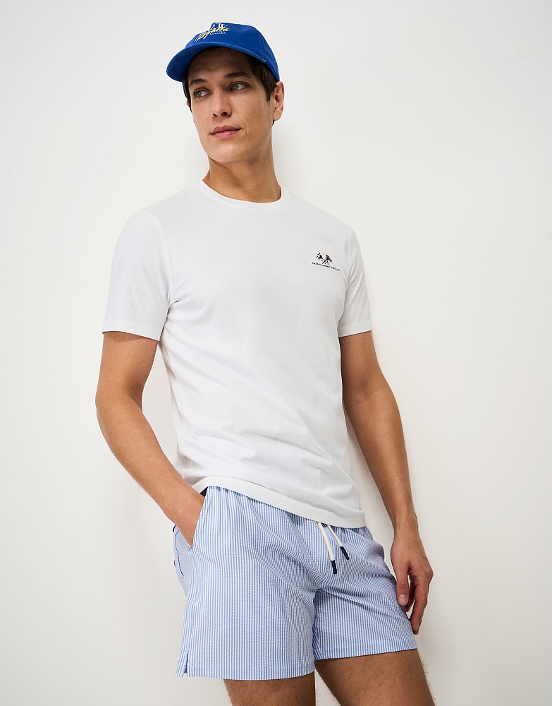 Oxford Stripe Seersucker Swim Shorts in Blue and White