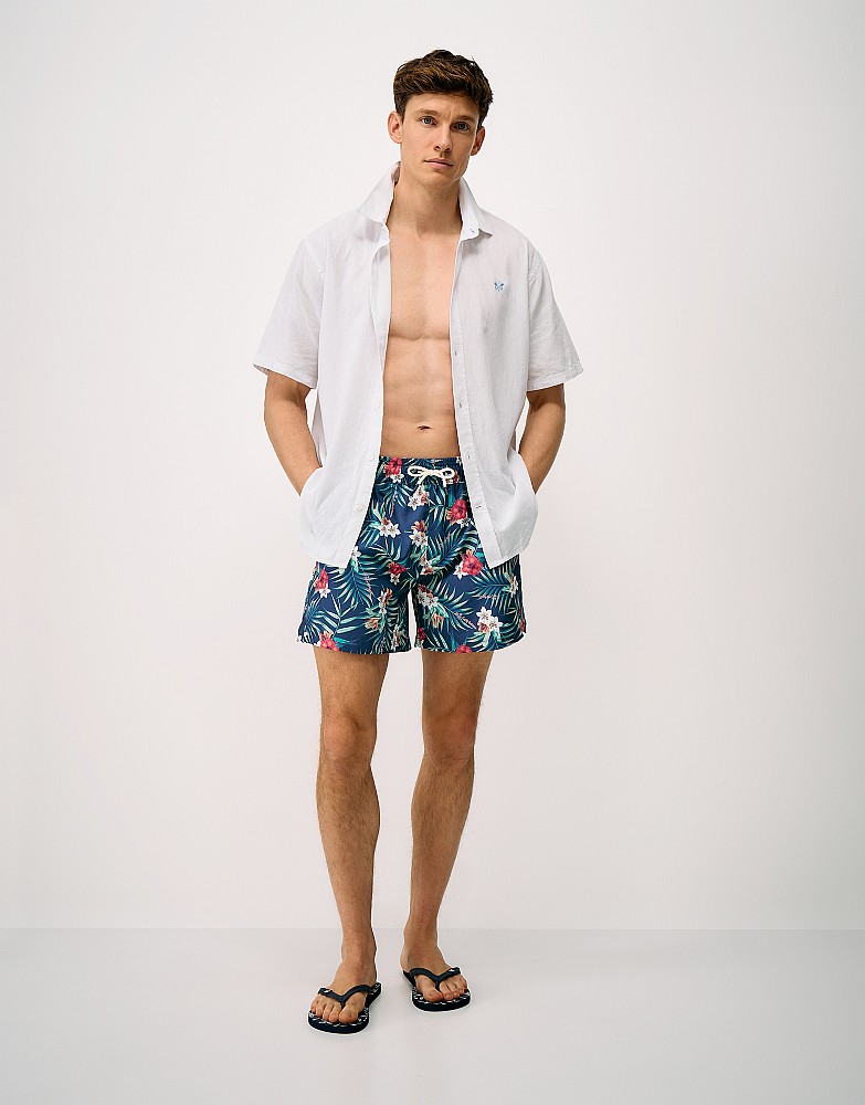 Swim Shorts in Dark Navy & Green Tropical Floral Print