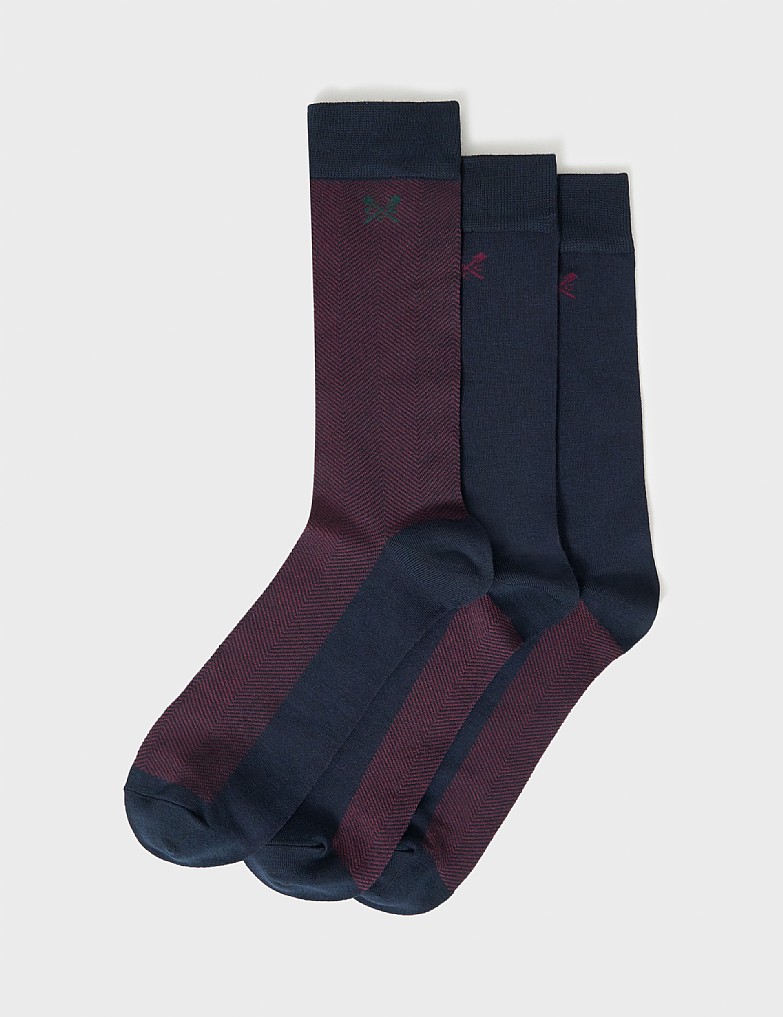 3 Pack Bamboo Socks in Fig & Navy Herringbone Print