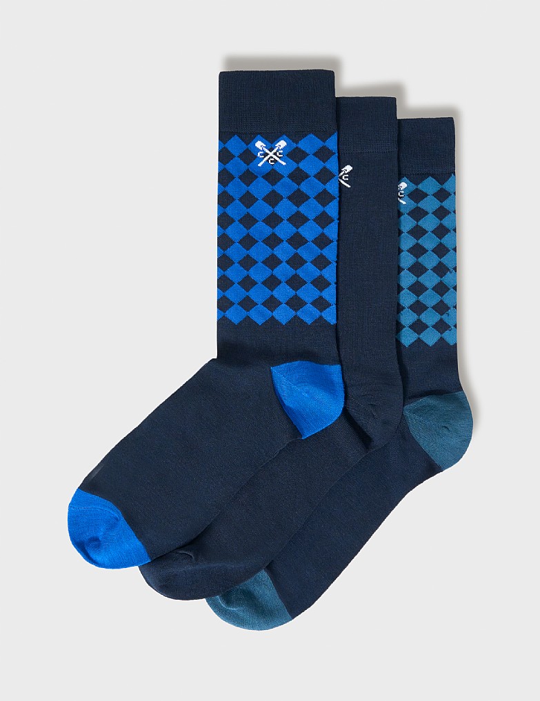 3 Pack Bamboo Socks in Navy Diamond Print