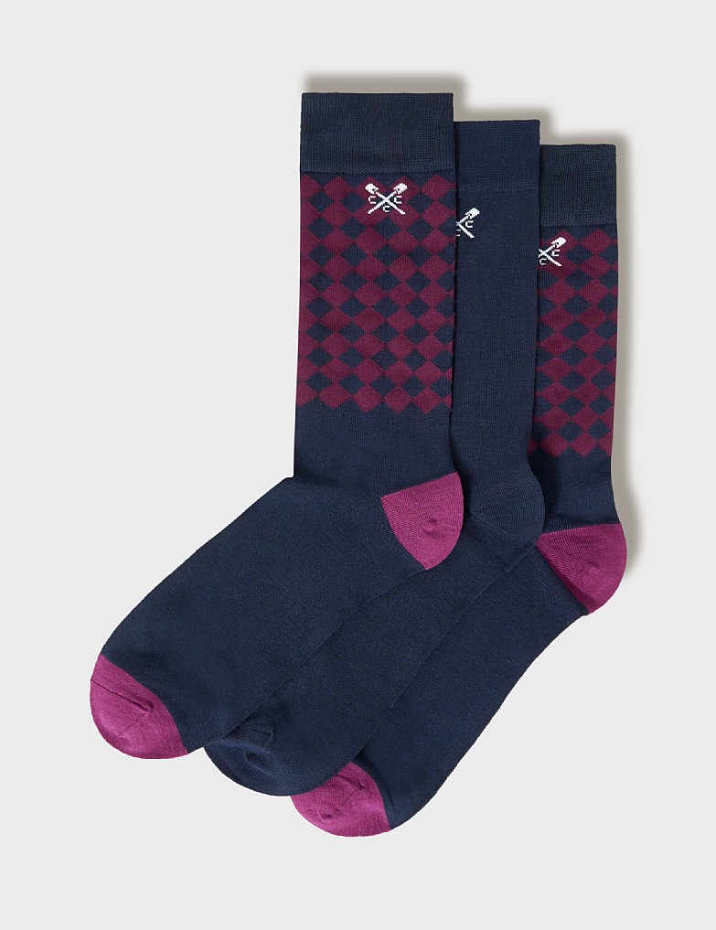 3 Pack Bamboo Socks in Mulberry & Navy Diamond Print