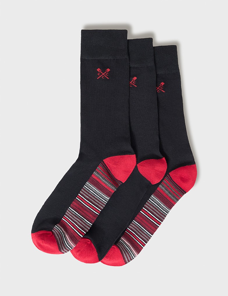 3 Pack Bamboo Socks in Black and Red Stripes