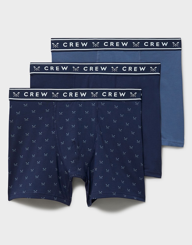 3 Pack Plain and Crossed Oars Printed Jersey Boxers in Navy and Steel Blue