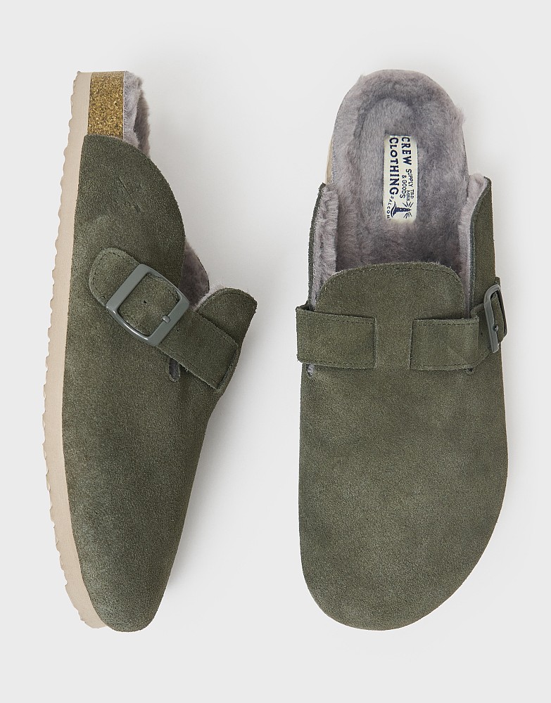 Suede Buckle Mule Slipper in Olive