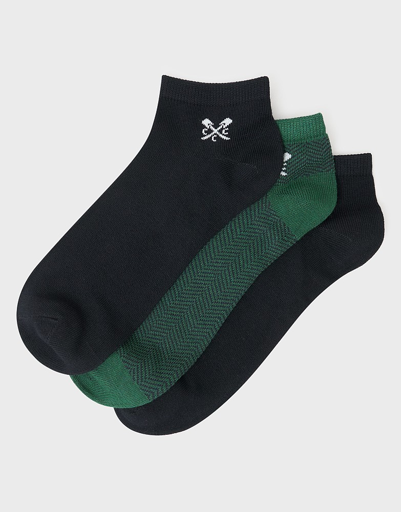 3 Pack Bamboo Trainer Socks in Navy and Green Chevron