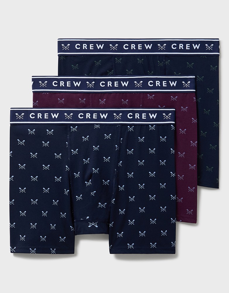 3 Pack Crossed Oars Printed Jersey Boxers in Navy, Burgundy and Green
