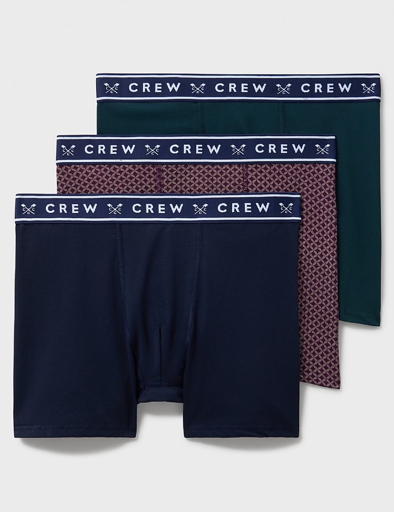 3 Pack Printed Jersey Boxers in Navy, Green and Burgundy Geo Print