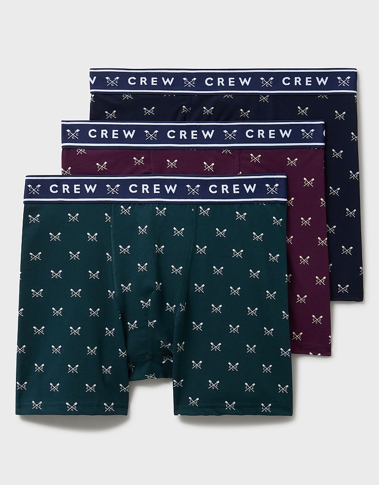 3 Pack Crossed Oars Printed Jersey Boxers in Navy, Green and Burgundy