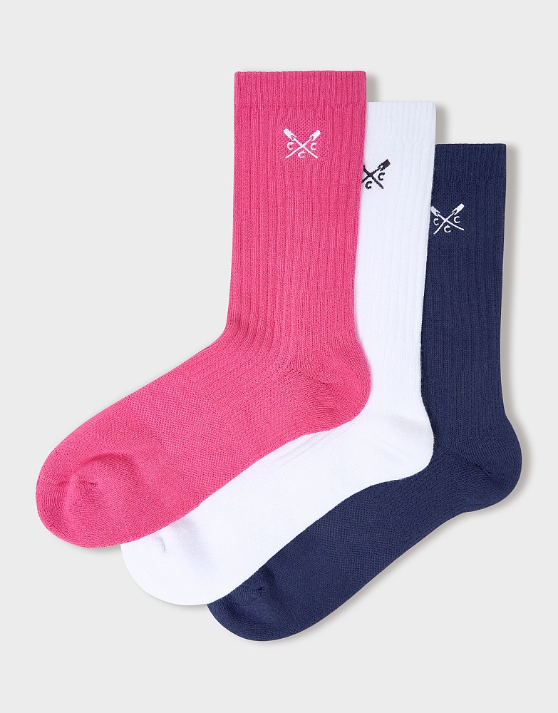 3 Pack Logo Sports Socks in White, Navy and Raspberry Pink