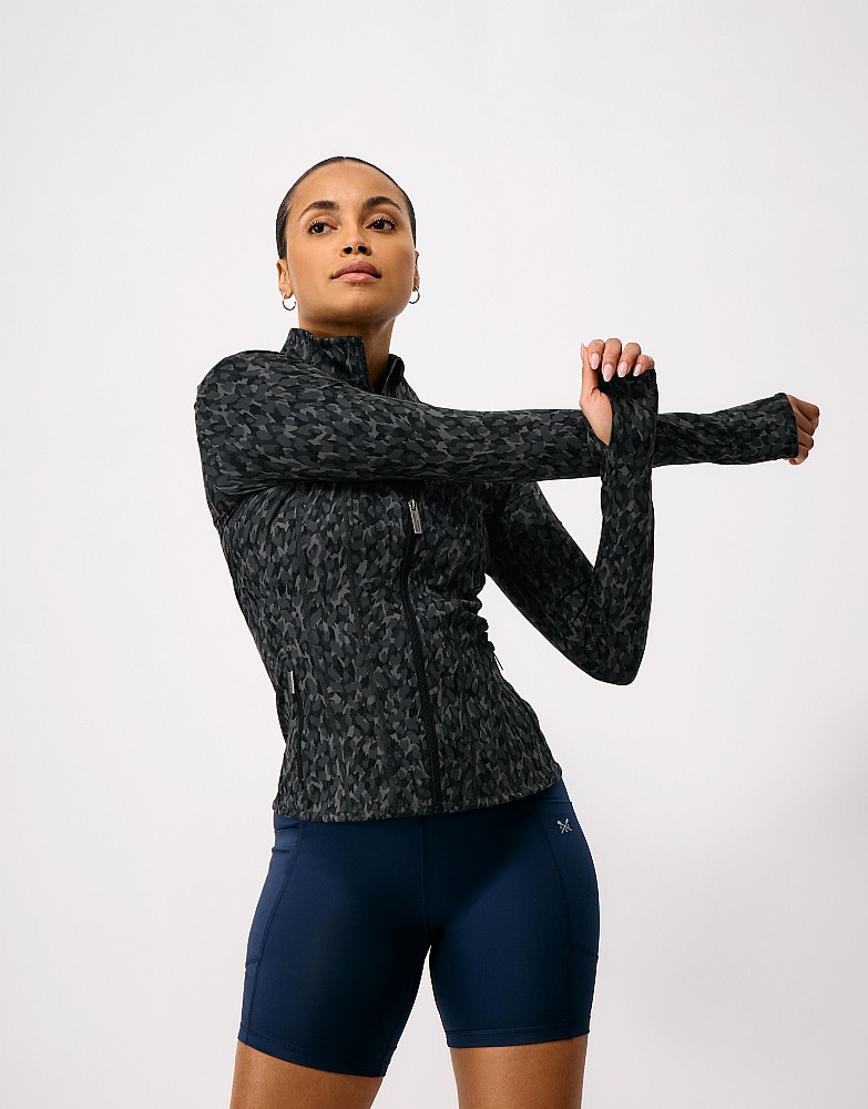 Activewear Zip Through Top in Black Abstract