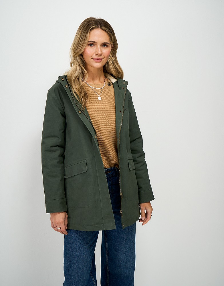 Showerproof Borg Lined Coat in Forest Green