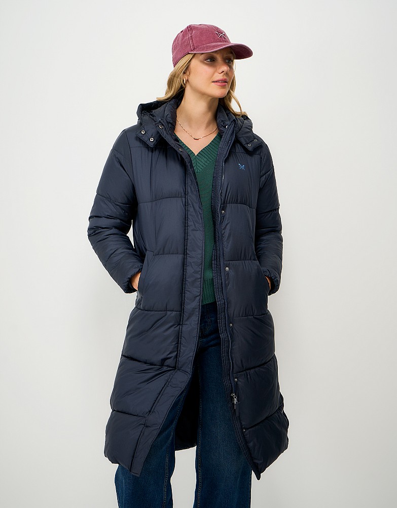 Showerproof Longline Padded Metallic Coat in Navy
