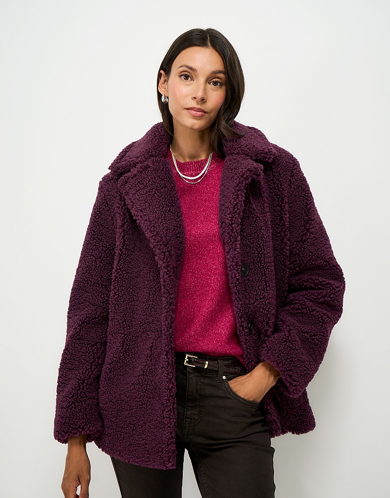 Borg Fleece Peacoat in Wine Red