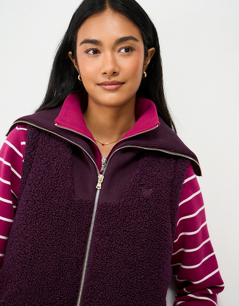 Borg Fleece Padded Gilet with Rib Collar in Wine Red