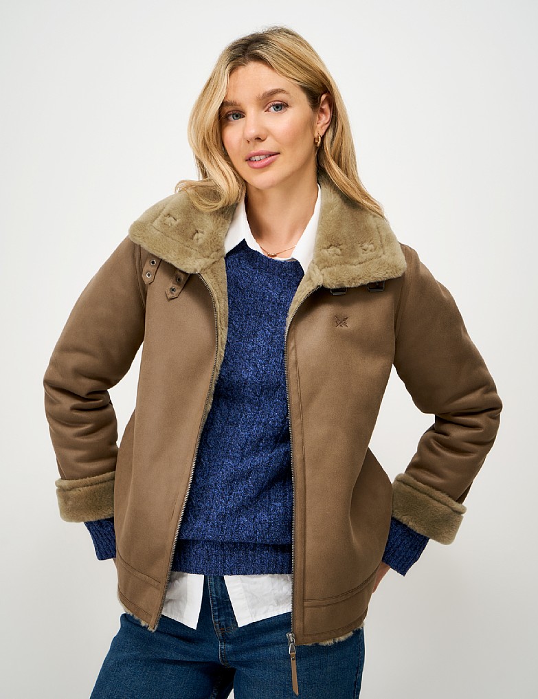 Faux Shearling Aviator Jacket in Tan