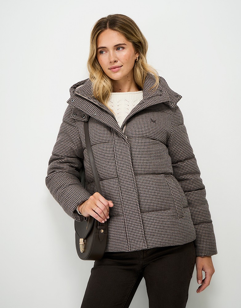 Houndstooth Check Padded Hooded Coat in Brown