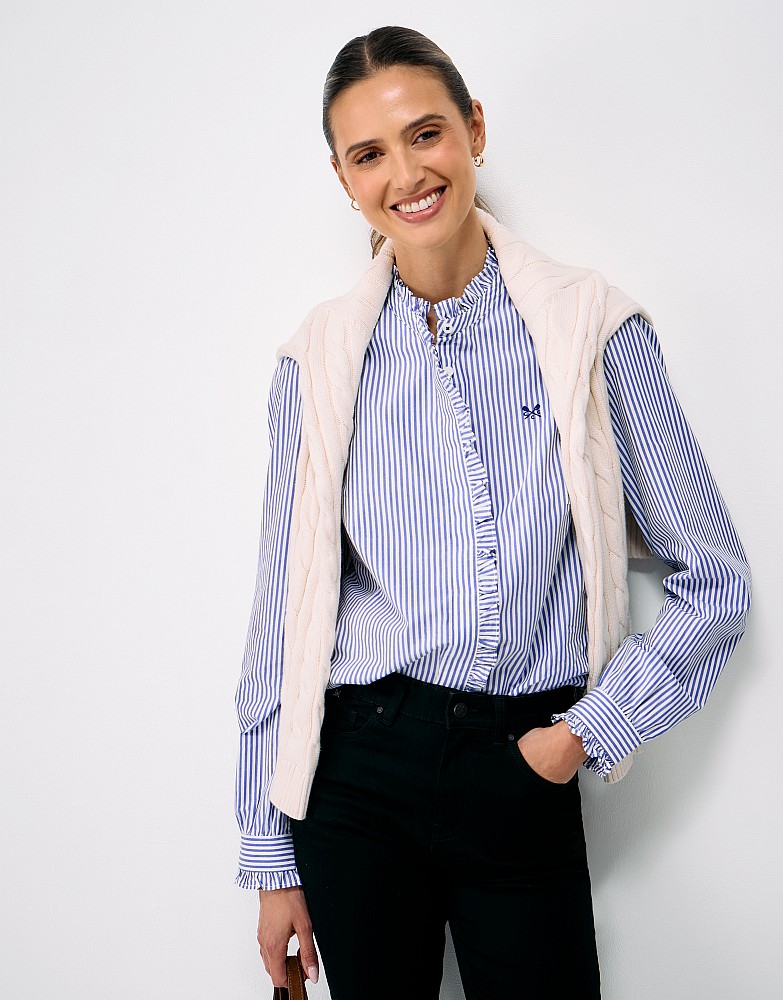 Frill Neck Poplin Blouse in Blue and White Stripes