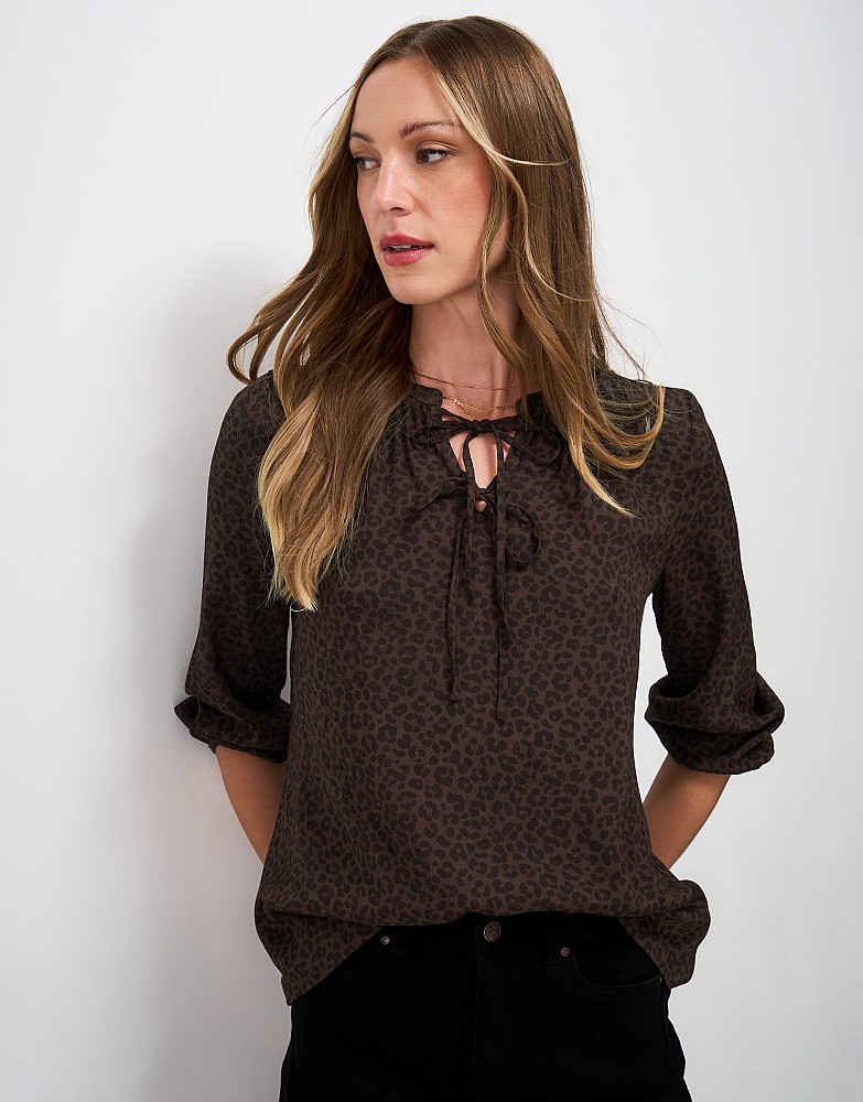 Orla Tie Neck Blouse in Brown Leopard Print
